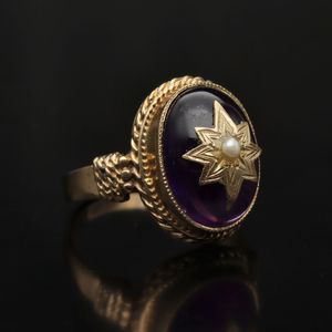 Vintage 9ct Gold Cabochon Amethyst and Pearl Ring