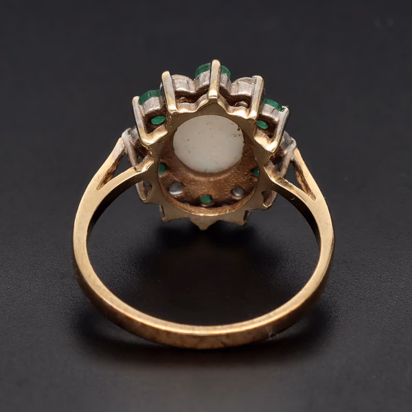9ct Yellow Gold Opal Emerald & Diamond Cluster Ring