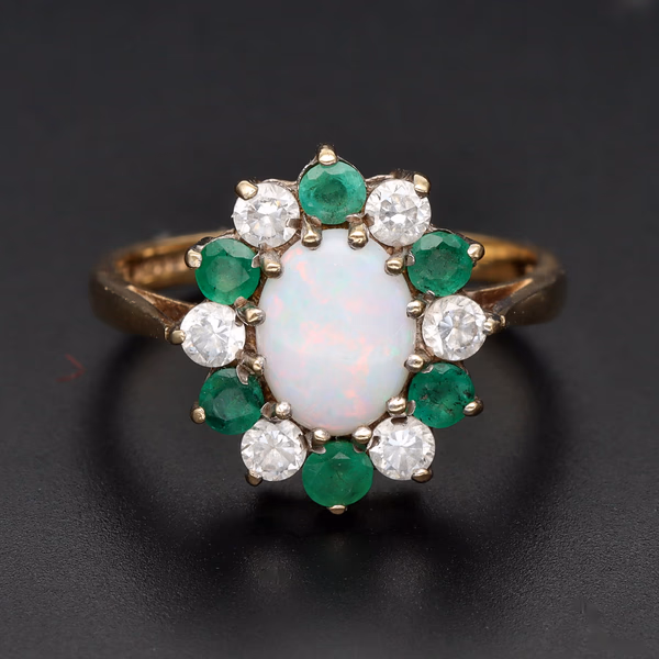 9ct Yellow Gold Opal Emerald & Diamond Cluster Ring
