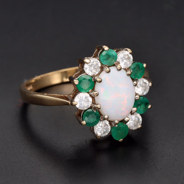 9ct Yellow Gold Opal Emerald & Diamond Cluster Ring