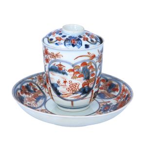 18th Century Japanese Porcelain Imari Chocolate Cup with Lid and Plate