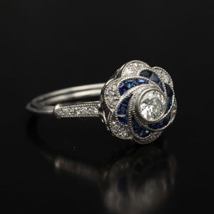 Art Deco Platinum, Diamond and French Sapphire Ring