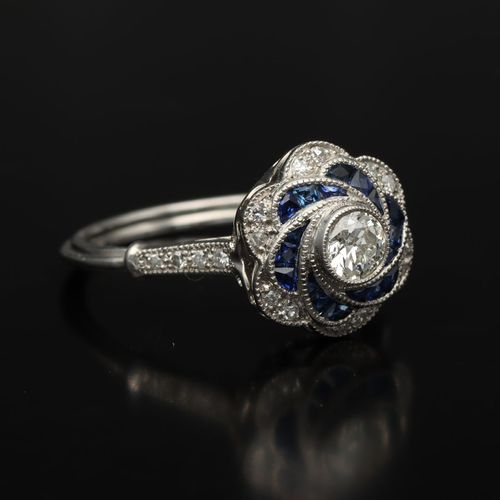 Art Deco Platinum, Diamond and French Sapphire Ring image-1