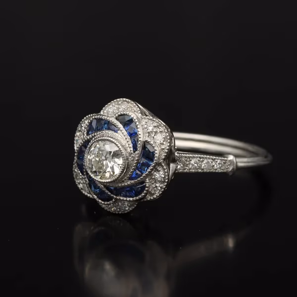 Art Deco Platinum, Diamond and French Sapphire Ring