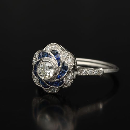 Art Deco Platinum, Diamond and French Sapphire Ring image-3