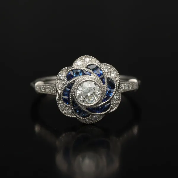 Art Deco Platinum, Diamond and French Sapphire Ring