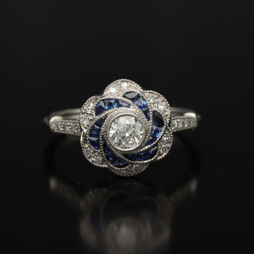 Art Deco Platinum, Diamond and French Sapphire Ring image-2
