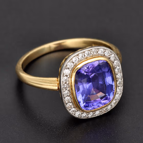 18ct Yellow Gold Tanzanite & Diamond Halo Ring
