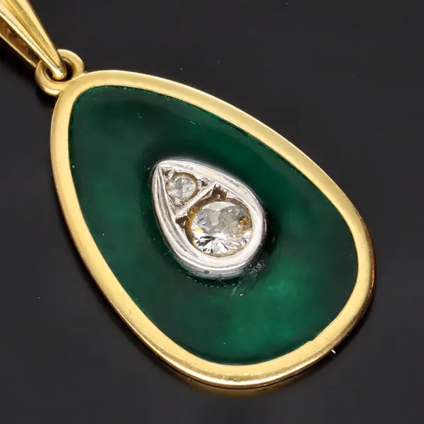 18ct Gold Green Enamel and Diamond Pendant