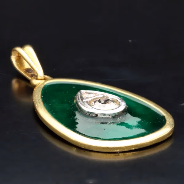18ct Gold Green Enamel and Diamond Pendant