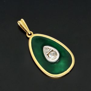 18ct Gold Green Enamel and Diamond Pendant