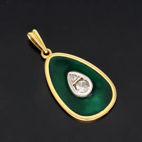 18ct Gold Green Enamel and Diamond Pendant