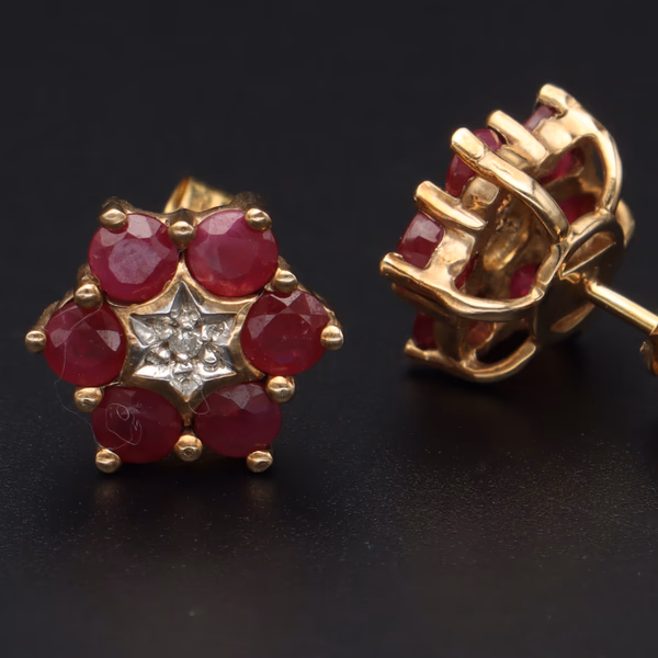 9ct Gold Ruby and Diamond Daisy Earrings