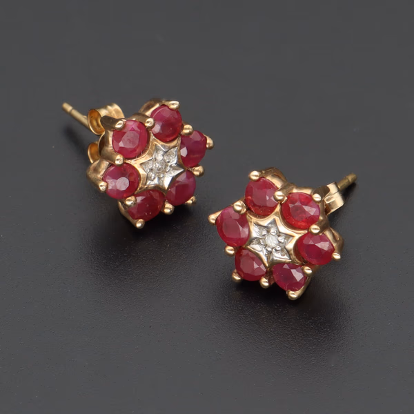 9ct Gold Ruby and Diamond Daisy Earrings
