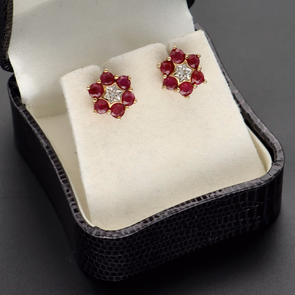 9ct Gold Ruby and Diamond Daisy Earrings