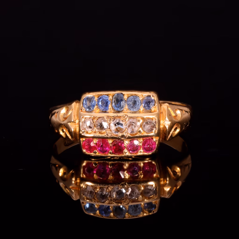 360° view of The Antique 1903 Edwardian Ruby, Diamond and Sapphire Ring
