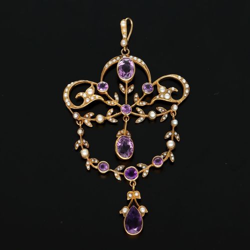 Vintage 15ct Gold Amethyst and Pearl Pendant image-2