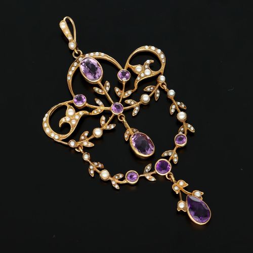 Vintage 15ct Gold Amethyst and Pearl Pendant image-1