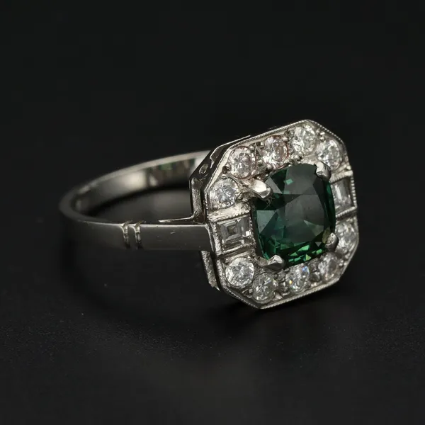 Platinum Teal Sapphire and Diamond Ring