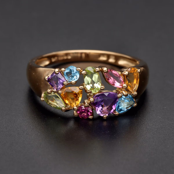 9ct Gold Multi Gemstone Cluster Statement Ring.