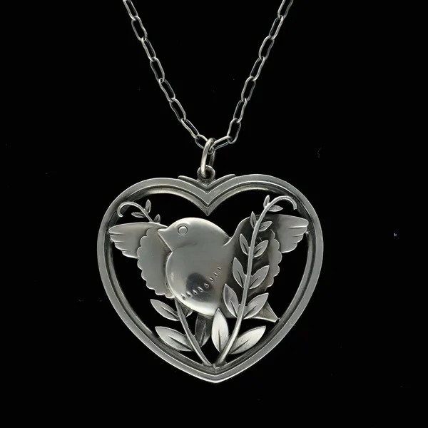 Georg Jensen Bird and Wheat Ear Heart Shaped Pendant Necklace