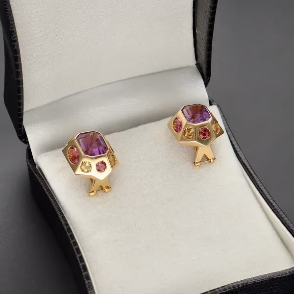 18ct Yellow Gold Gemset Topaz & Amethyst Earrings