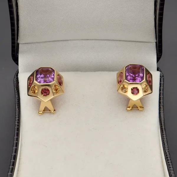 18ct Yellow Gold Gemset Topaz & Amethyst Earrings