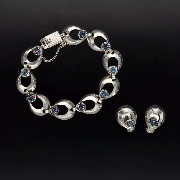 Mid Century Sterling Silver Bracelet and Earclip Set by Hermann Siersbol