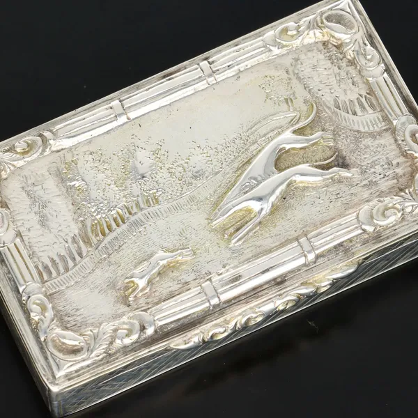 Early Victorian Silver Snuff Box with Hounds Chasing a Hare