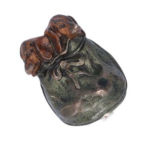 Unusual Bronze Figure of Dachshund Puppies in a Bag