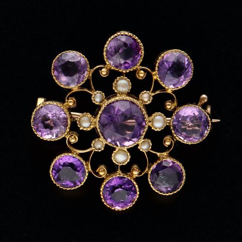 15ct Gold Amethyst and Pearl Brooch image-1