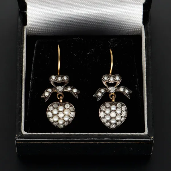 1920s 18ct Gold Diamond and Pearl Heart and Bow Earrings