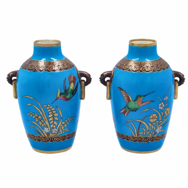 Pair Of Minton Cloisonné Vases & Inspired By Christopher Dresser