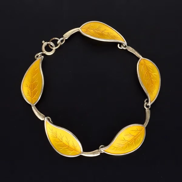 Vintage Danish Vermeil Sterling Silver and Yellow Guilloche Enamel Leaf Design Bracelet