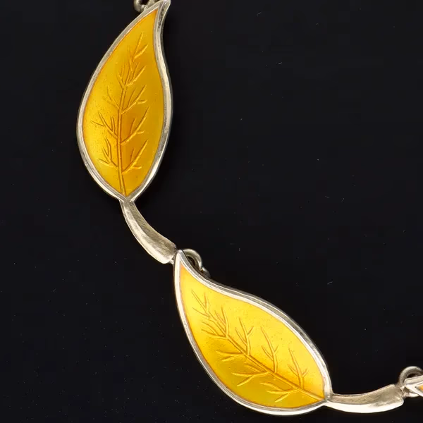Vintage Danish Vermeil Sterling Silver and Yellow Guilloche Enamel Leaf Design Bracelet