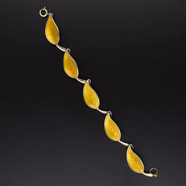 Vintage Danish Vermeil Sterling Silver and Yellow Guilloche Enamel Leaf Design Bracelet