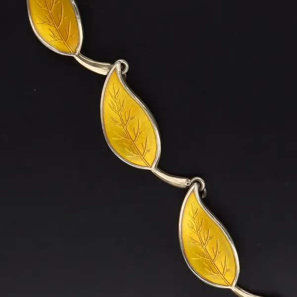 Vintage Danish Vermeil Sterling Silver and Yellow Guilloche Enamel Leaf Design Bracelet
