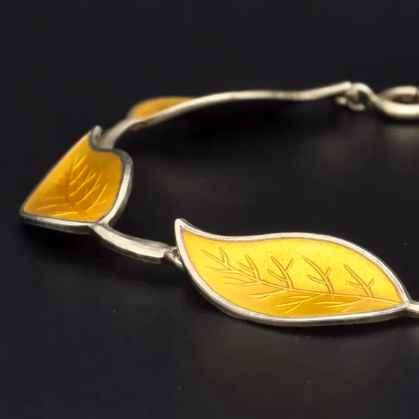 Vintage Danish Vermeil Sterling Silver and Yellow Guilloche Enamel Leaf Design Bracelet