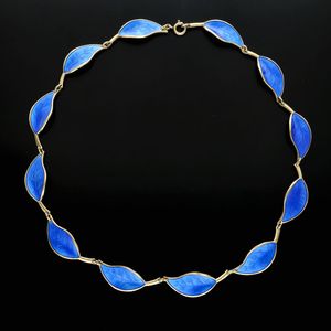 Vintage David Andersen Silver and Blue Enamel Leaf Necklace