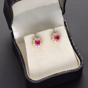 18ct Yellow Gold Pink Ruby & Diamond Cluster Flower Stud Earrings