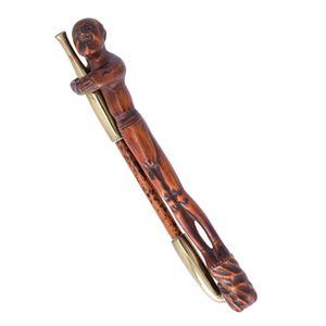 Japanese Carved Wood and Brass Kiseru Pipe and Holder