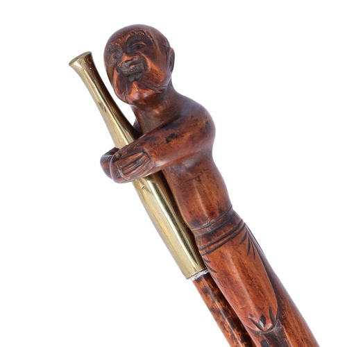 Japanese Carved Wood and Brass Kiseru Pipe and Holder image-2