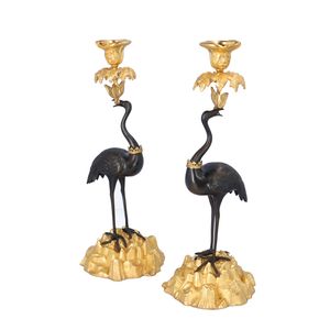 A Quality Pair Of Bronze Stork Candlesticks