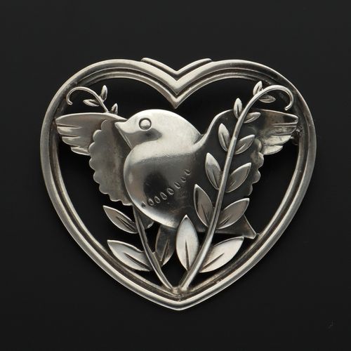 Silver Bird in Heart Design Brooch image-1