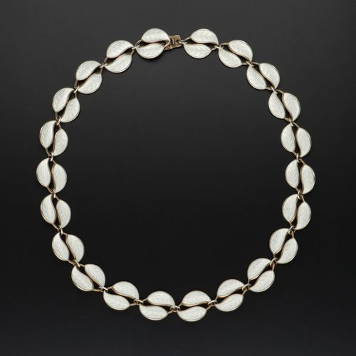 Vintage Vermeil Silver and White Enamel Double Leaf Necklace image-1