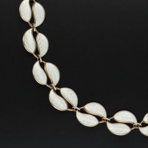 Vintage Vermeil Silver and White Enamel Double Leaf Necklace image-2