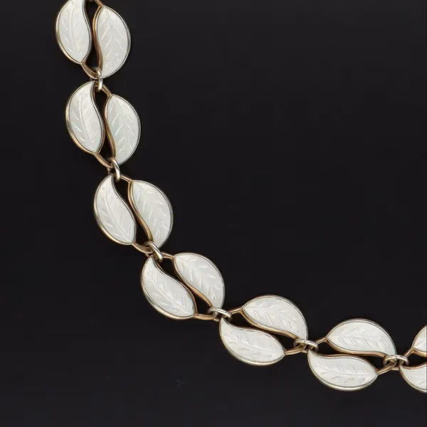 Vintage Vermeil Silver and White Enamel Double Leaf Necklace