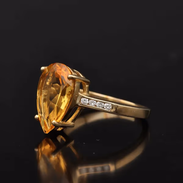 1980s 9ct Gold Pear Cut Citrine and Diamond Ring