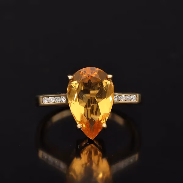 1980s 9ct Gold Pear Cut Citrine and Diamond Ring