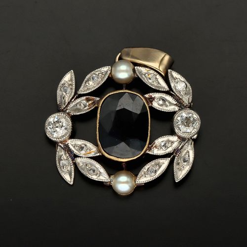 Art Deco 18ct Gold, Sapphire, Pearl and Diamond Pendant image-1